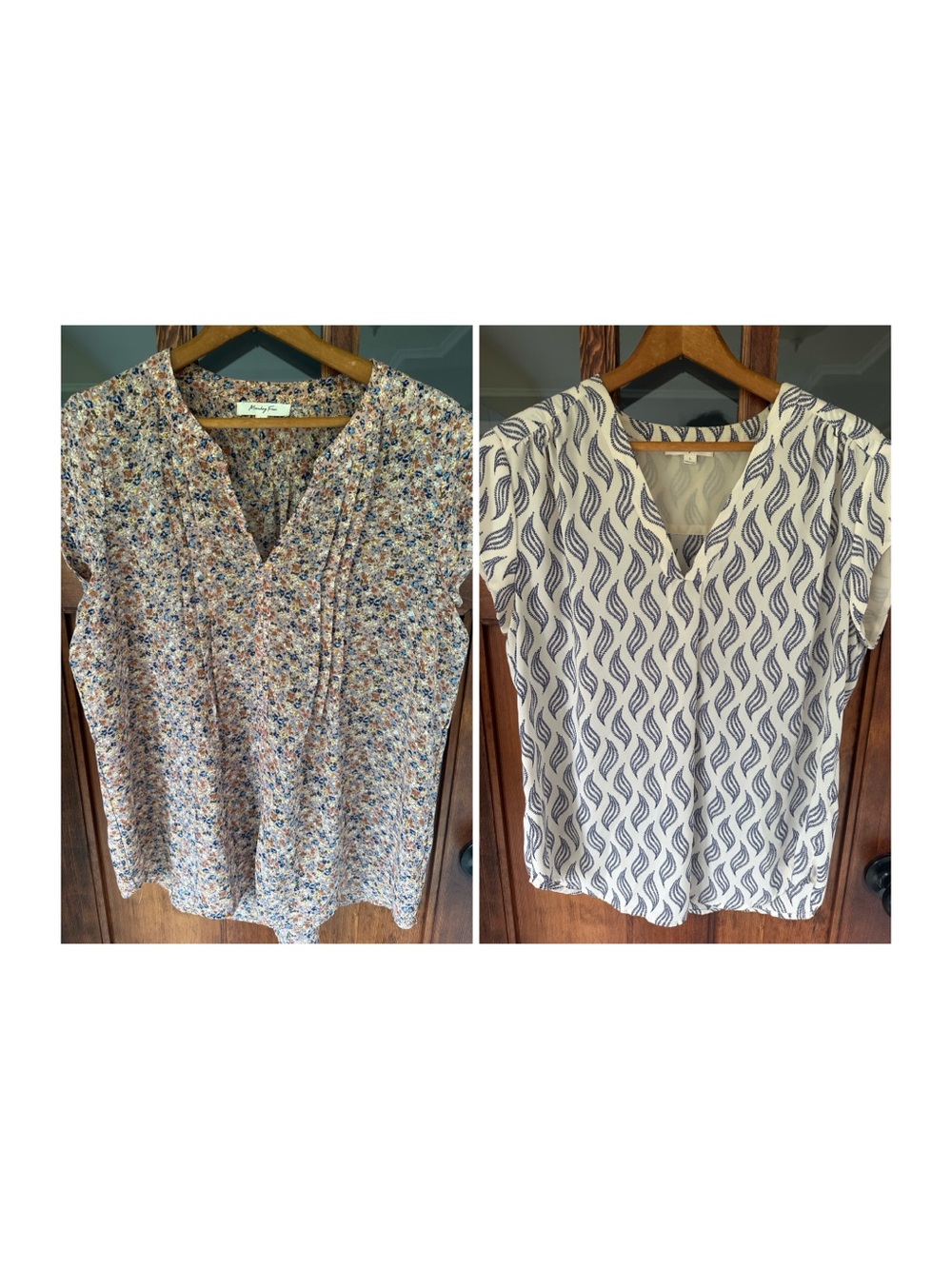 Lot of 2 Monday Fun Stitch Fix Blouses Size L Floral Geometric Pleated V-Neck